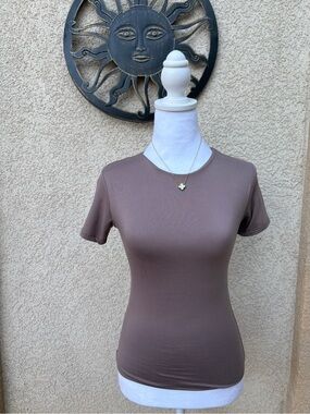 Mocha Brown Buttery Soft Crewneck Short Sleeve Top Casual Everyday Basics